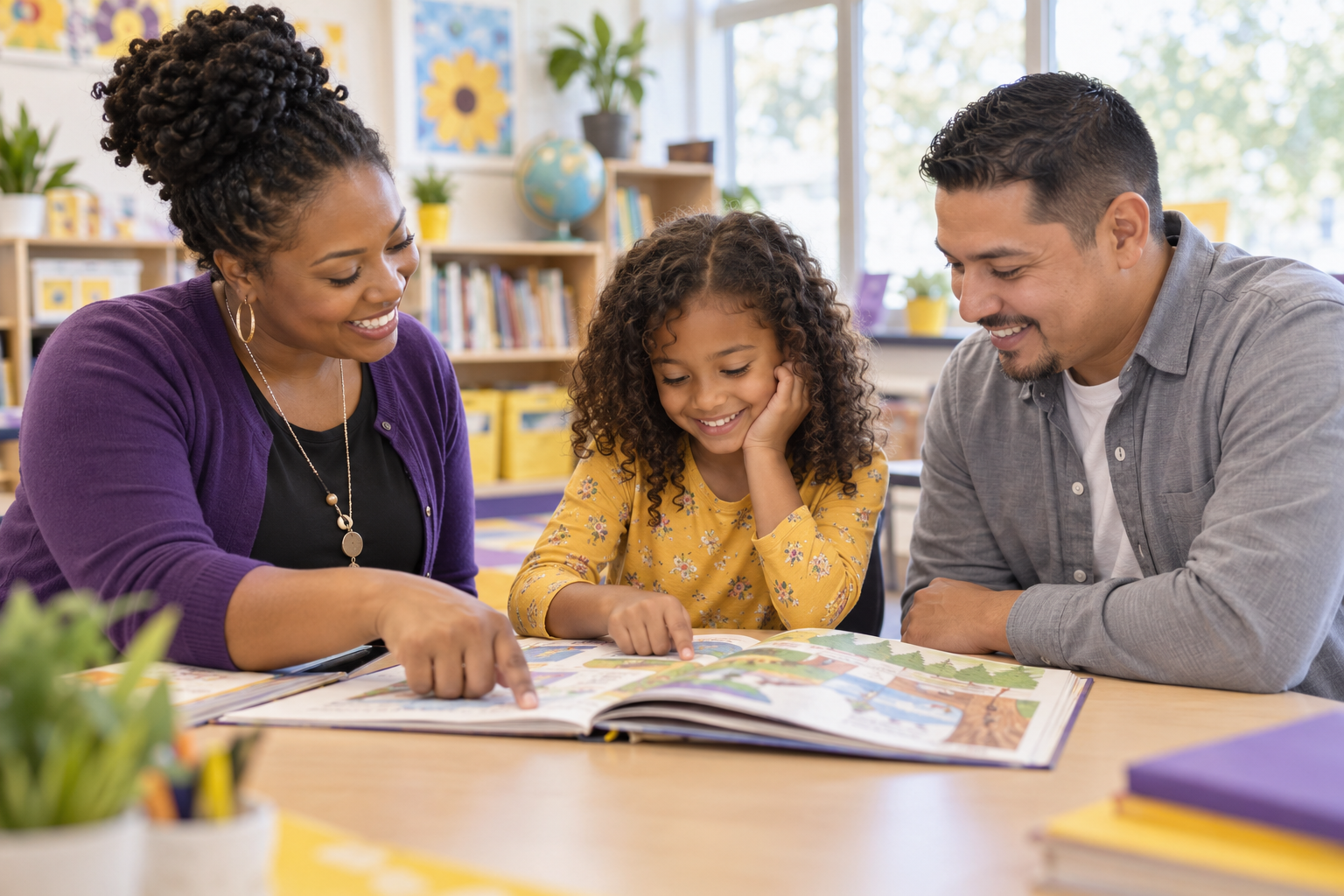 A Black teacher, Hispanic parent, and child reading together