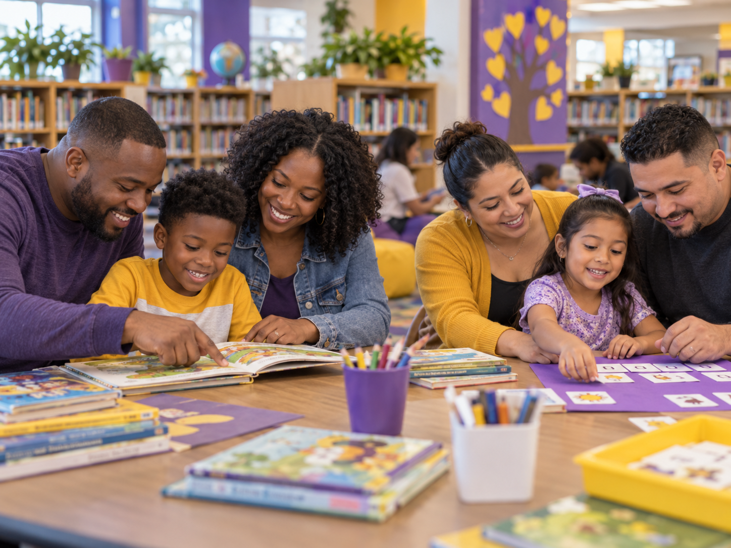 Diverse families participating in a literacy workshop