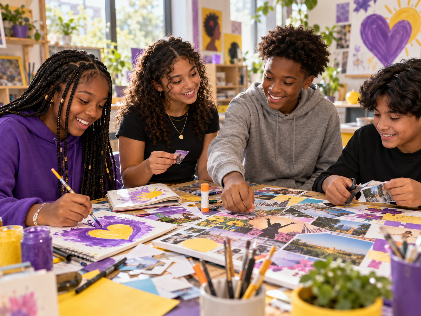 Diverse students creating art together
